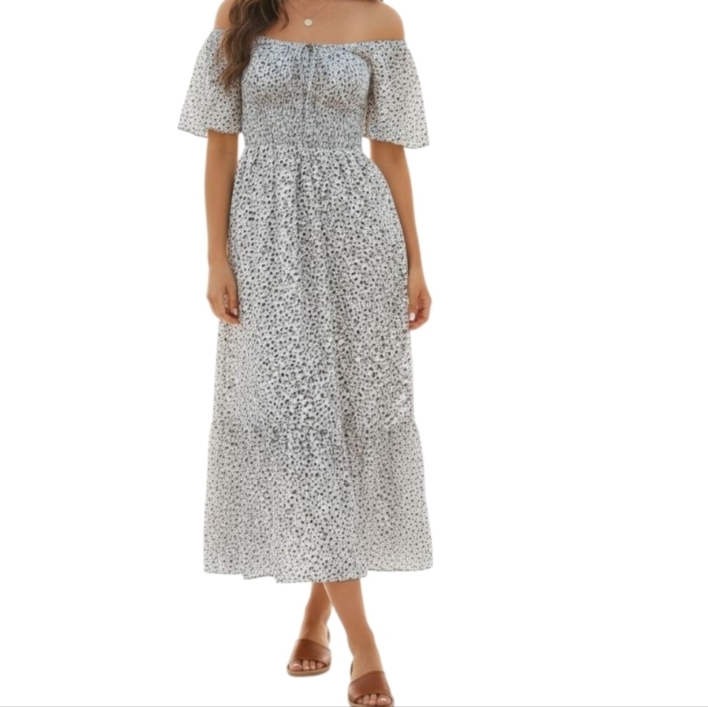 ​Blush XL Peasant White Black Ditsy Floral Maxi Dress Off Shoulder Flutter Sleev
